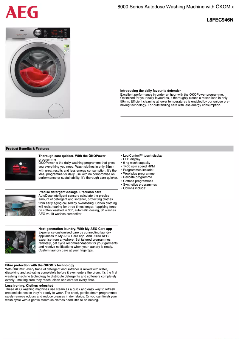 Página 1 del manual Ficha técnica AEG L8FEC946N