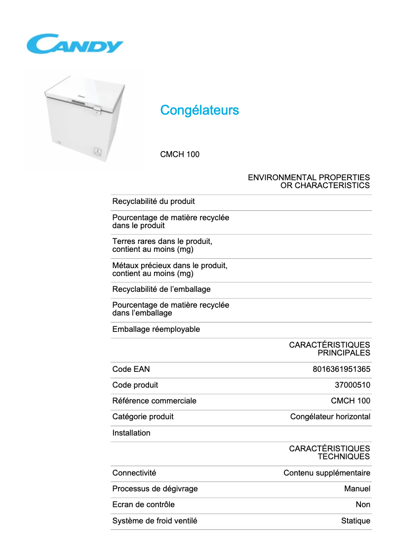 Page 1 de la notice Fiche technique Candy CMCH 100