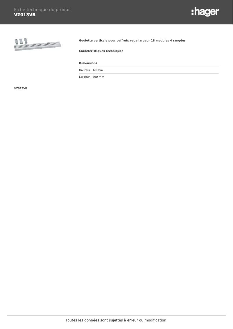 Page n°1 - Fiche technique Hager VZ013VB