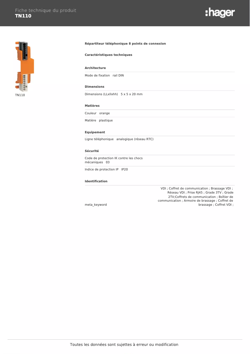 Page n°1 - Fiche technique Hager TN110