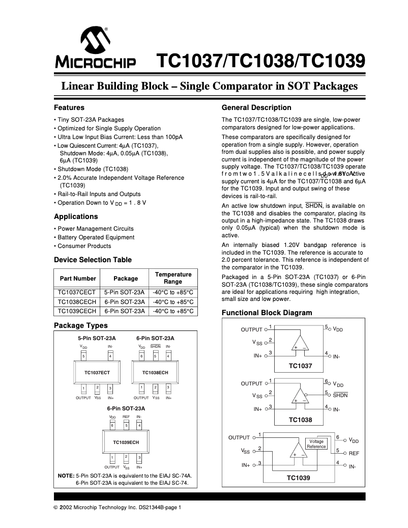 Página 1 del manual Ficha técnica Microchip TC1039