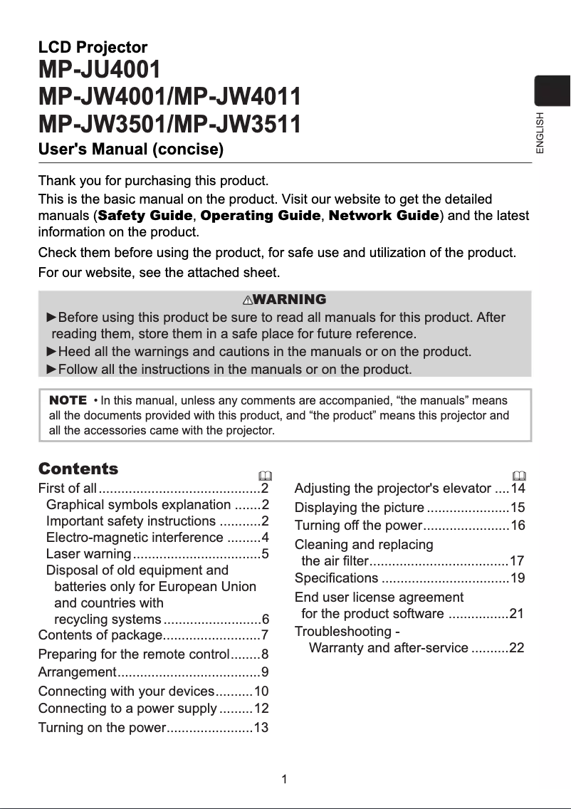 Page 1 de la notice Manuel utilisateur Maxell MP-JW3511