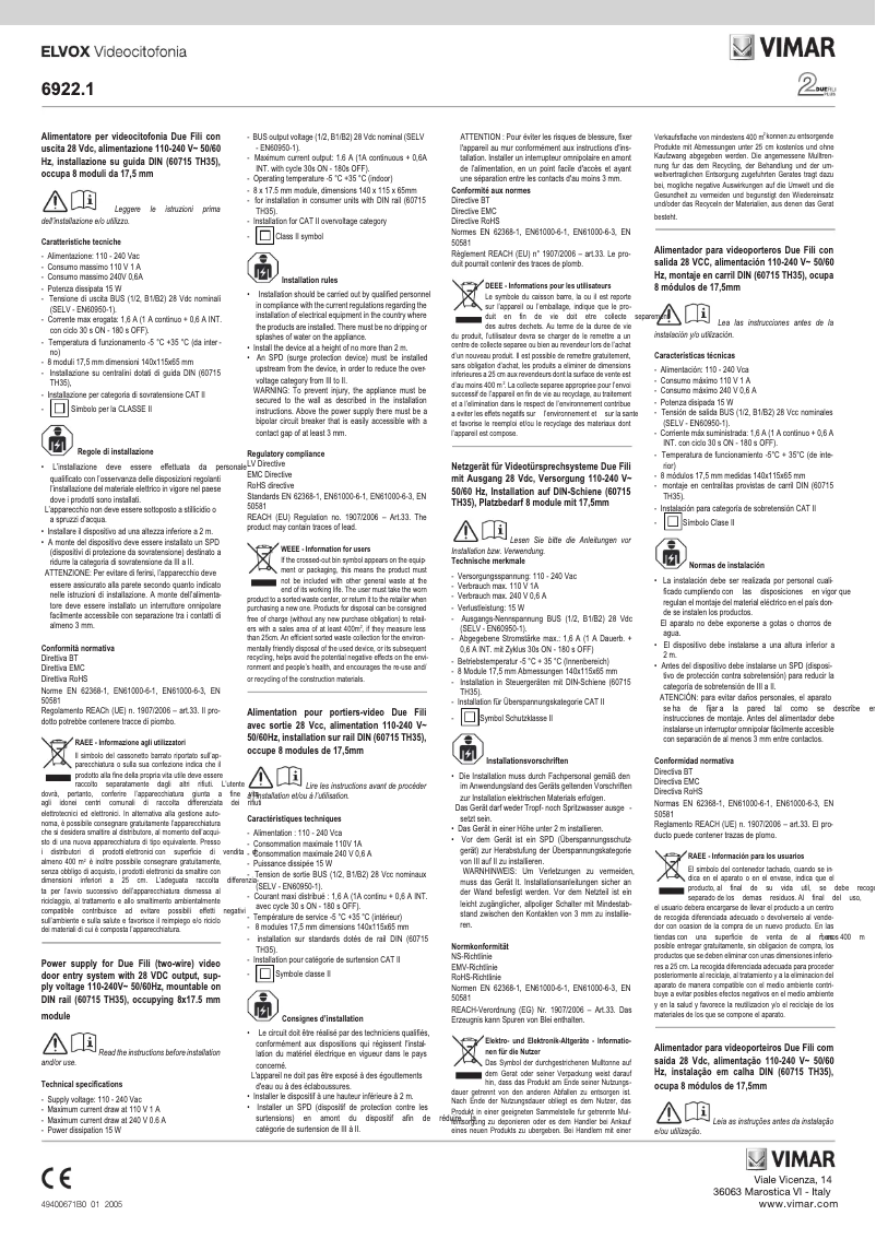 Page n°1 - Instructions / montage Vimar ELVOX 68IA/R