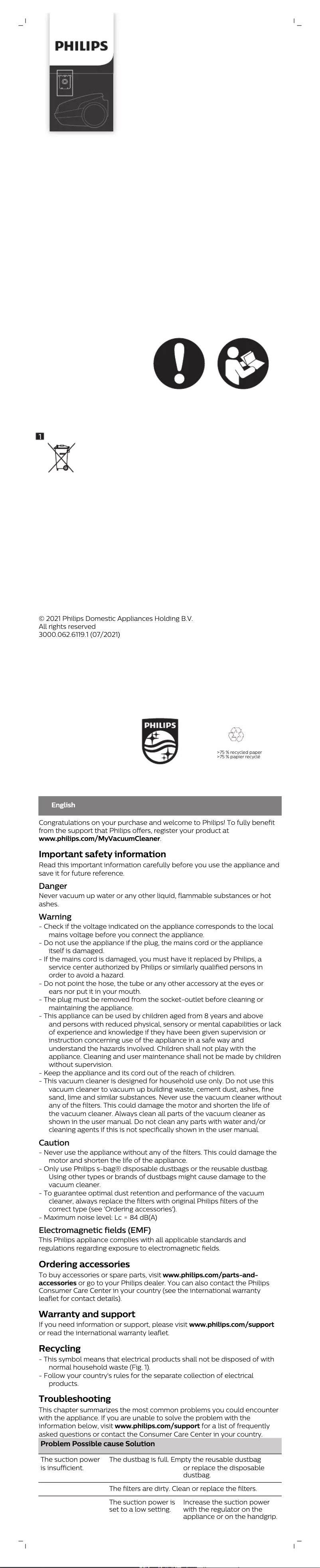 Page n°1 - Manuel utilisateur Philips Performer Active FC8575