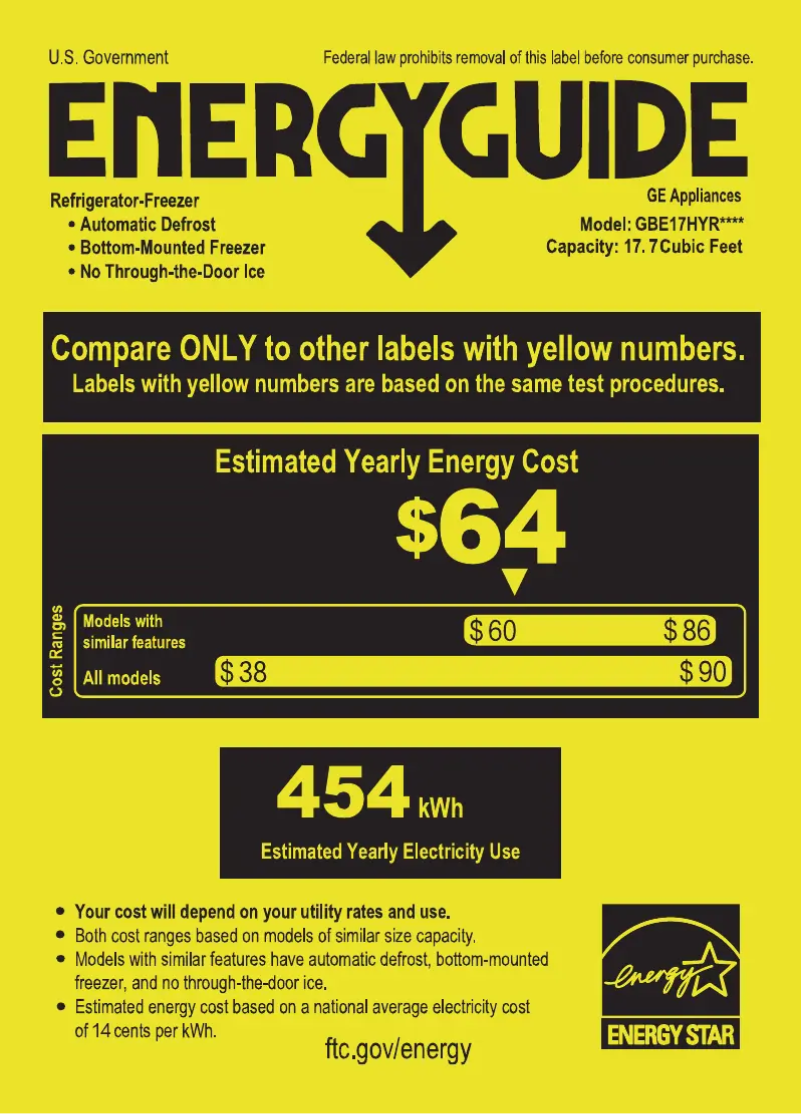 Page 1 de la notice Label énergétique GE GBE17HYRFS