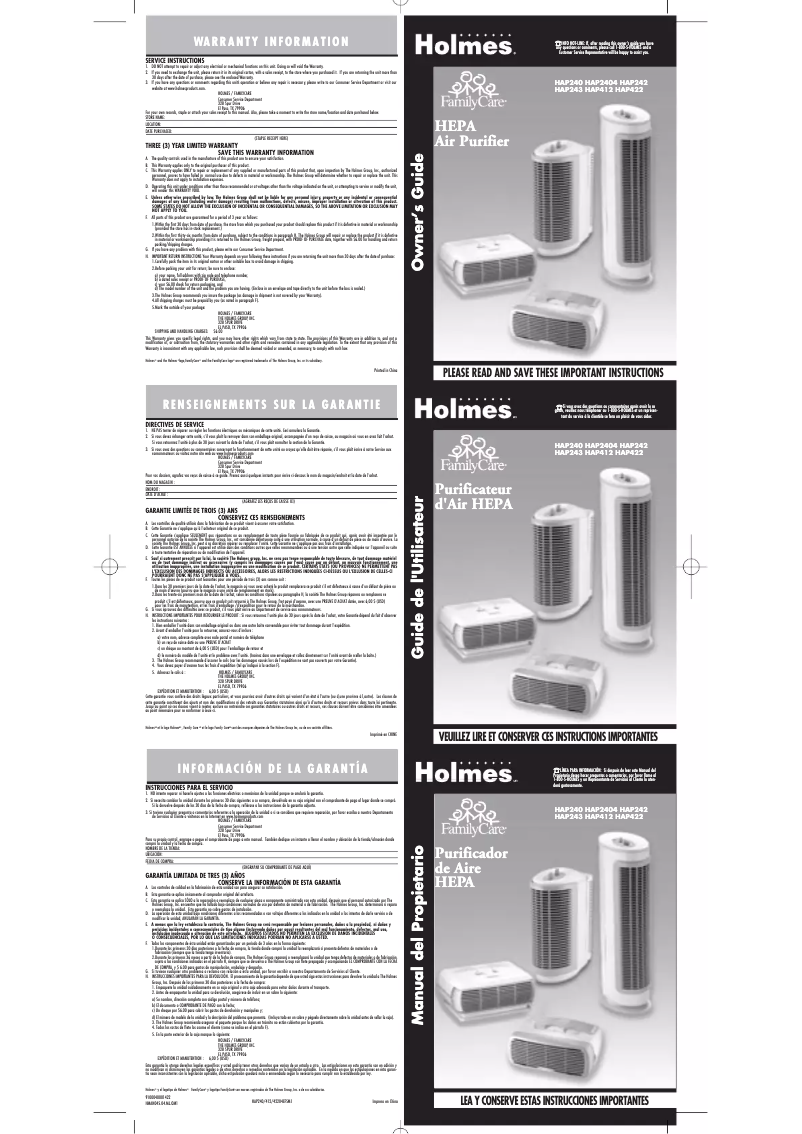 Page n°1 - Manuel utilisateur Holmes HAP412