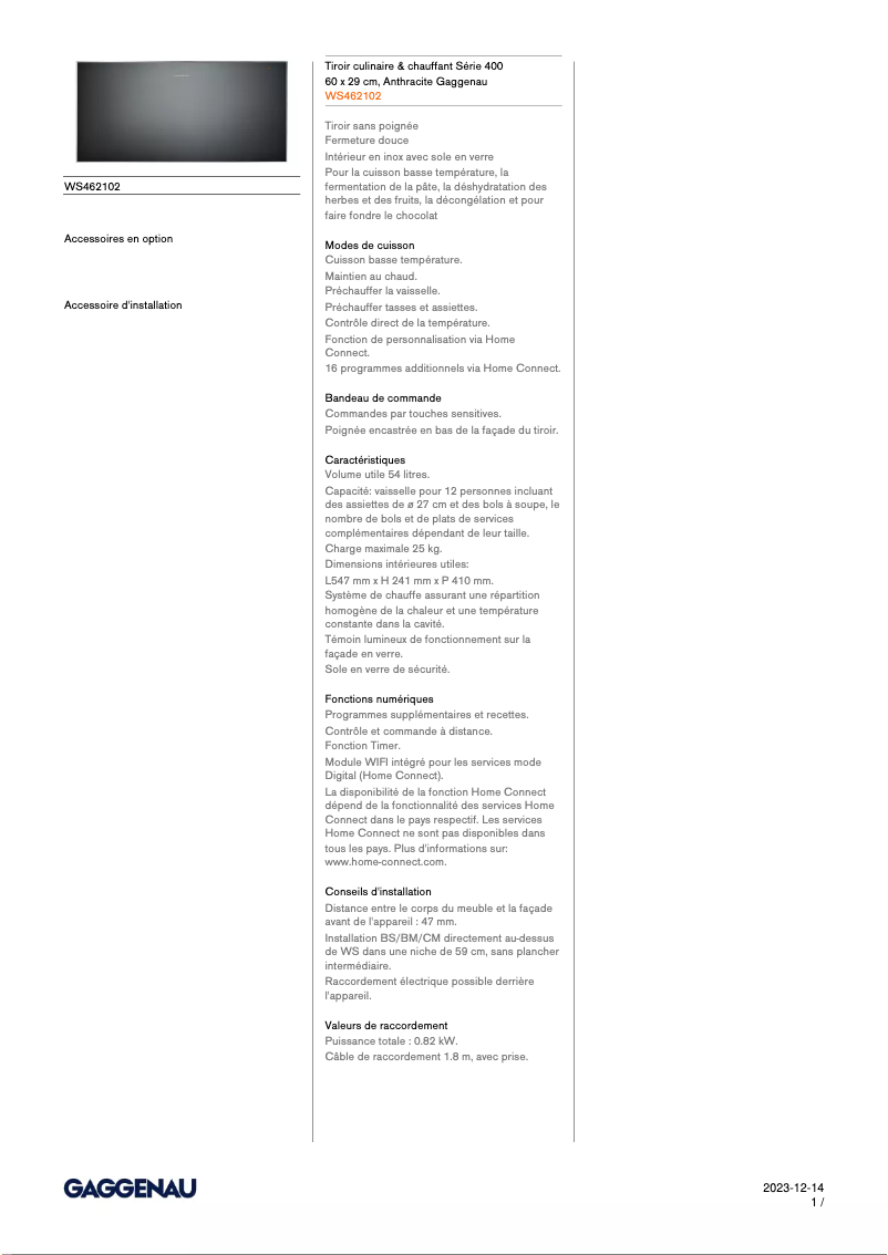 Page 1 de la notice Fiche technique Gaggenau WS462102