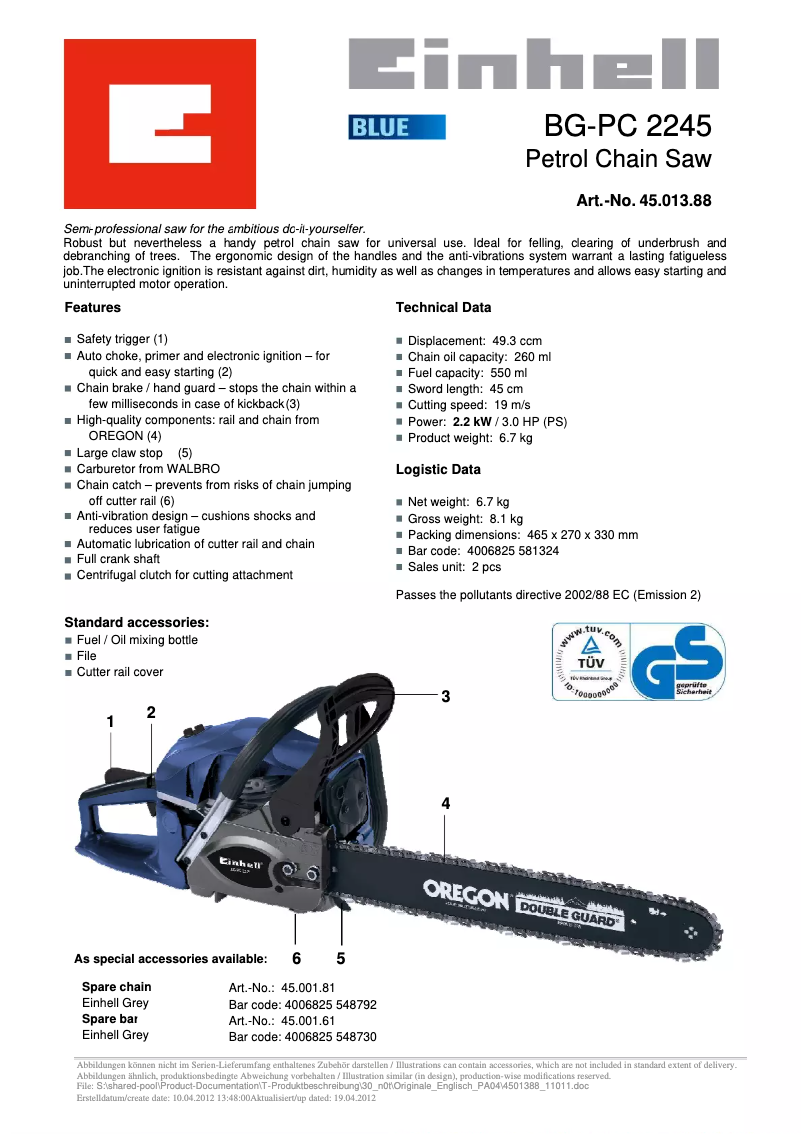 Page 1 de la notice Fiche technique Einhell BG-PC 2245
