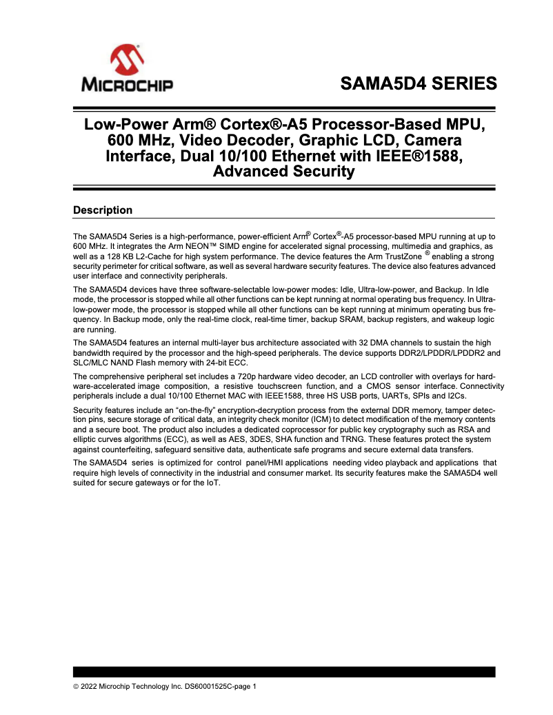 Page 1 de la notice Fiche technique Microchip ATSAMA5D43