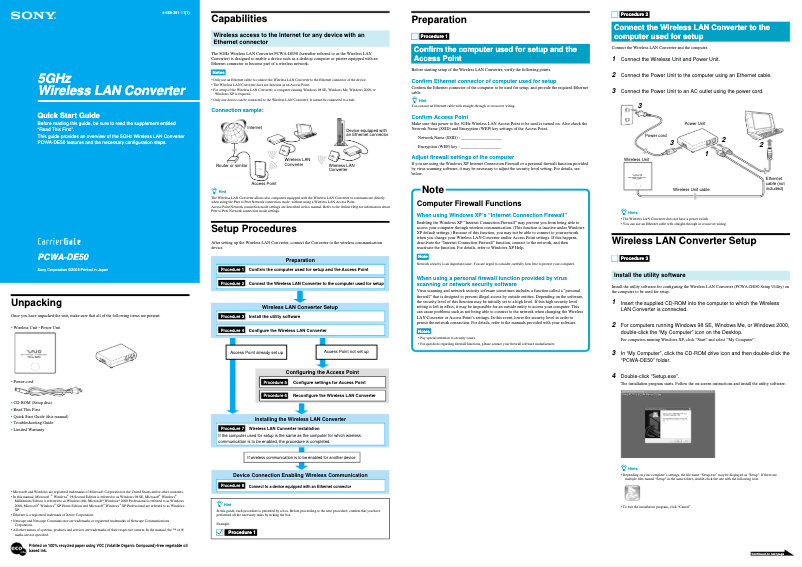 Page 1 de la notice Manuel utilisateur Sony PCWA-DE50