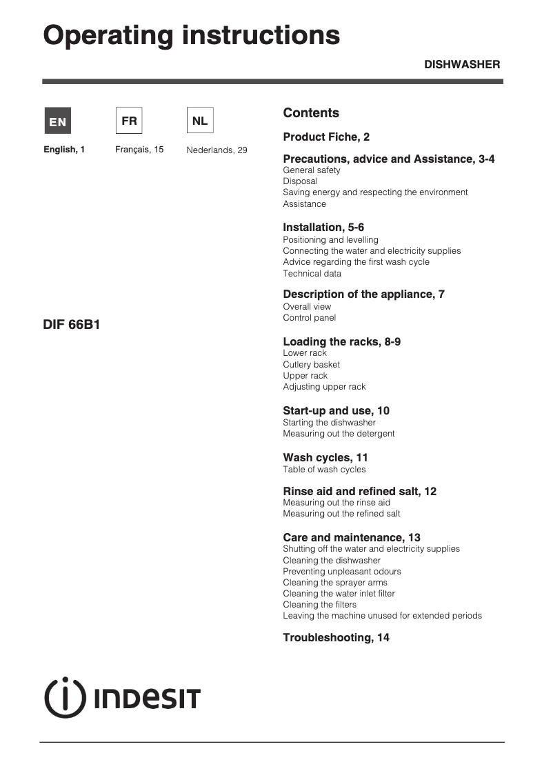 Page 1 de la notice Manuel utilisateur Indesit DIF 66B1