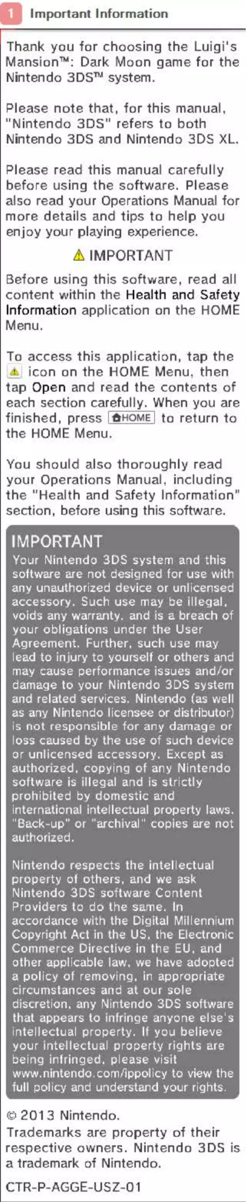 Page 1 de la notice Manuel utilisateur Nintendo Luigis Mansion - Dark Moon (3DS)