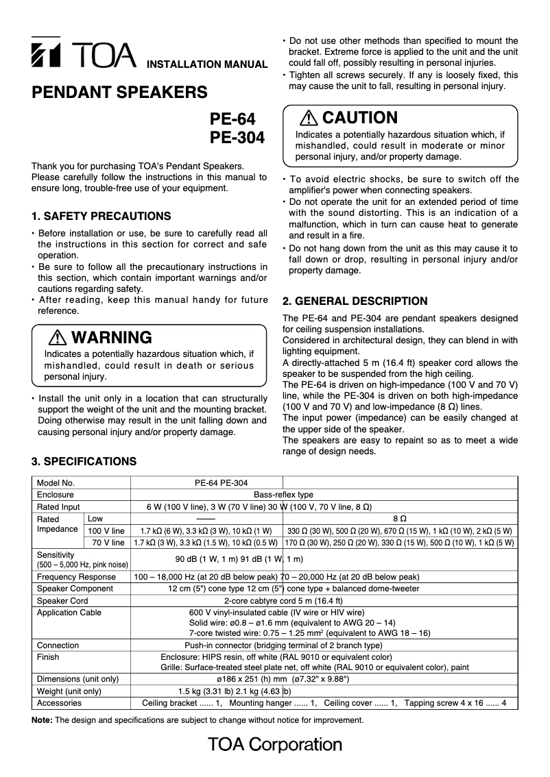 Page 1 de la notice Manuel utilisateur TOA PE-64