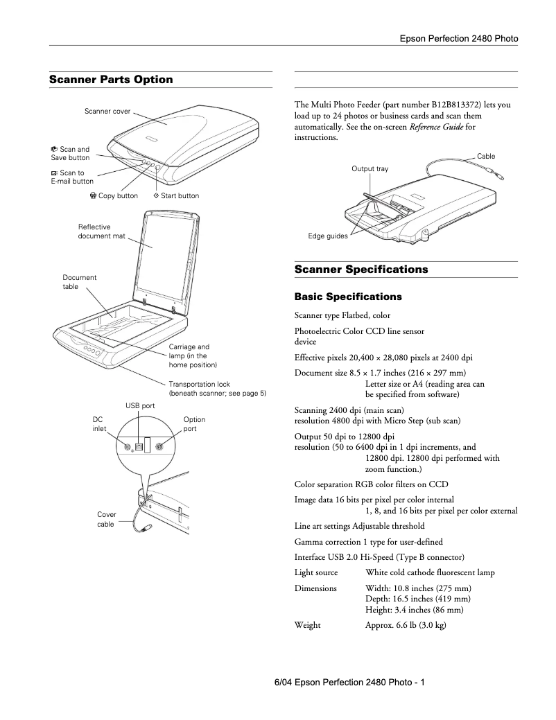 Página 1 del manual Ficha técnica Epson Perfection 2480 Limited Edition