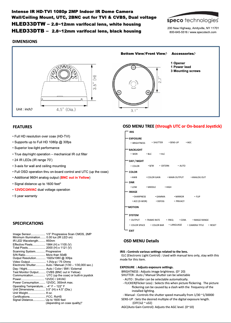 Page 1 de la notice Manuel utilisateur Speco Technologies HLED33DTB