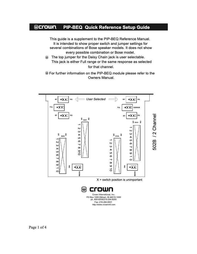 Page n°1 - Guide d'installation Crown P.I.P.-BEQX