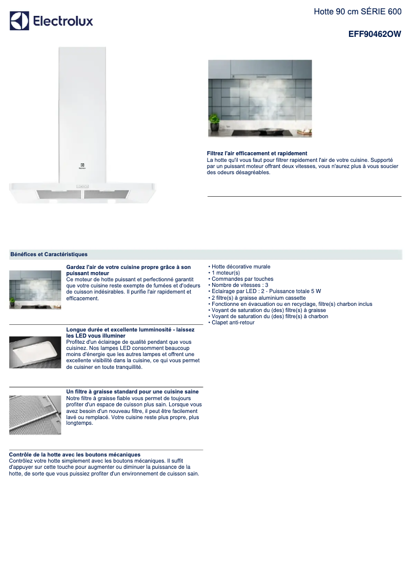 Page 1 de la notice Fiche technique Electrolux EFF90462OW