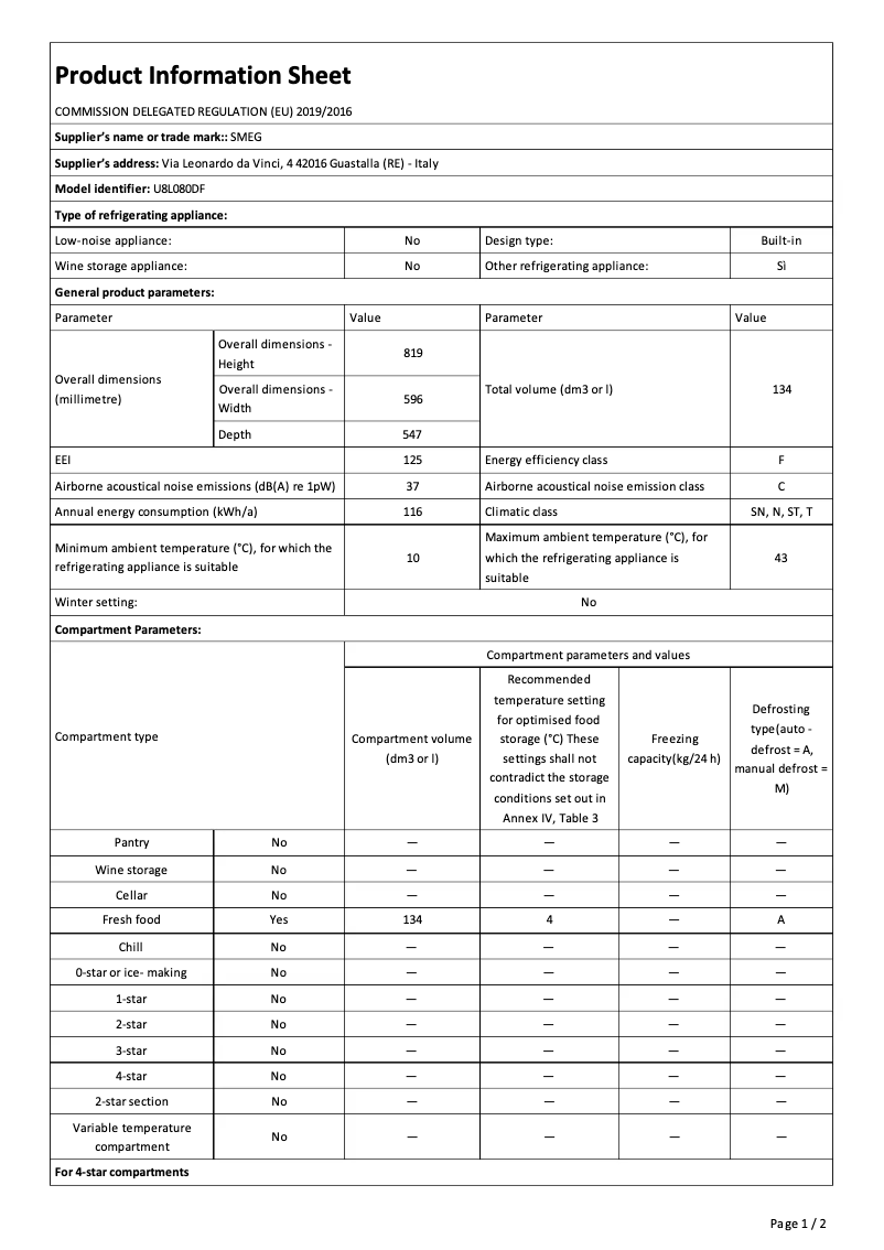 Page 1 de la notice Brochure Smeg U8L080DF