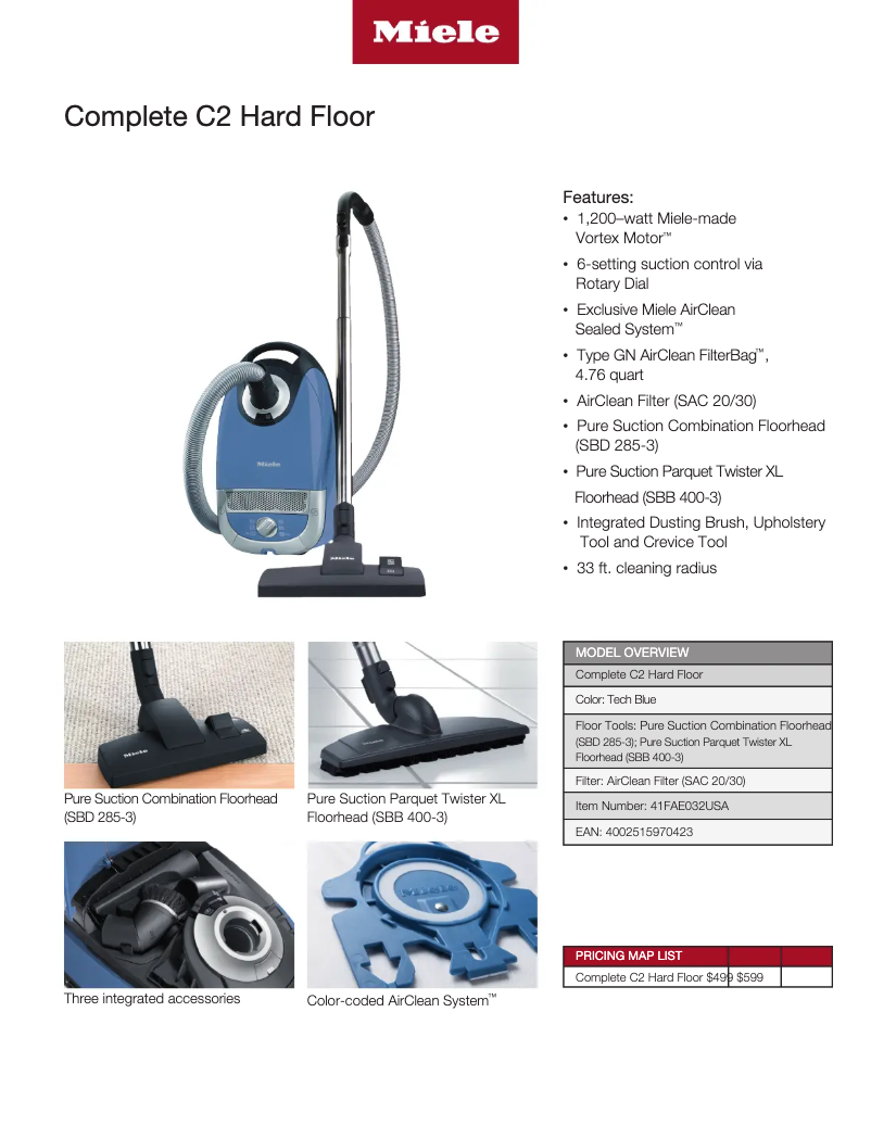 Page 1 de la notice Fiche technique Miele Complete C2 Hardfloor