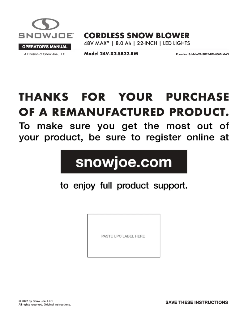 Page 1 de la notice Manuel utilisateur Snow Joe 24V-X2-SB22-RM