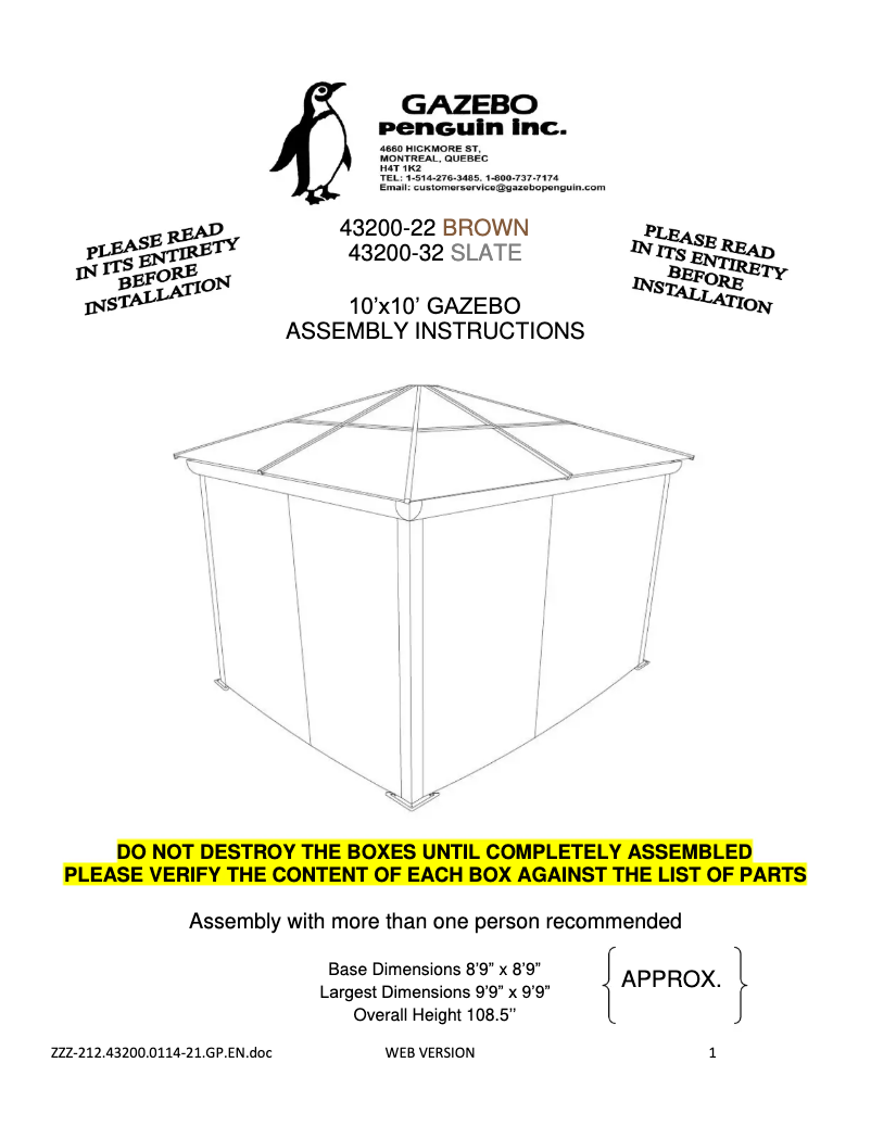 Page n°1 - Manuel utilisateur Gazebo Penguin 43200-22