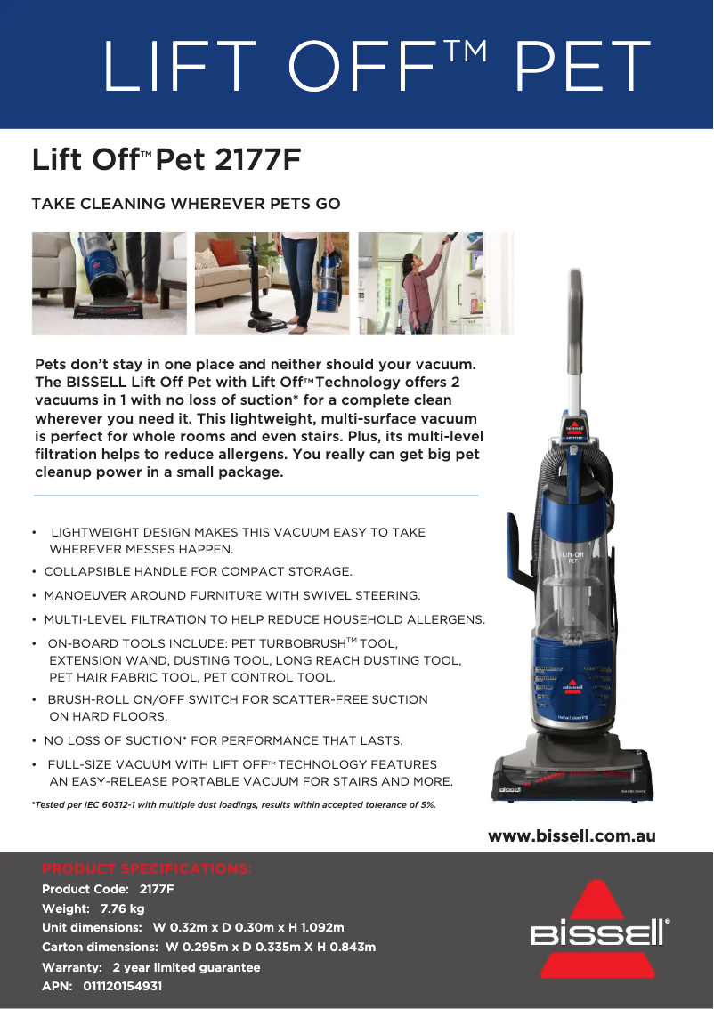 Page 1 de la notice Fiche technique Bissell Lift-Off Pet 2177