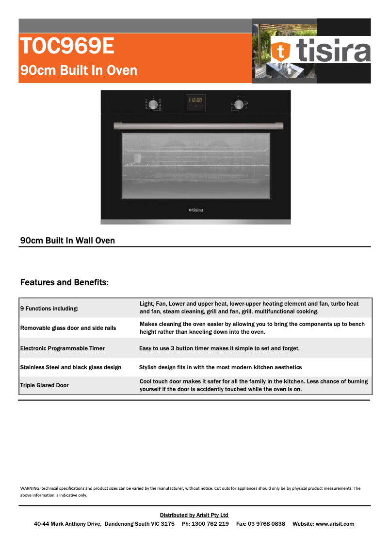 Page 1 de la notice Fiche technique Tisira TOC969E