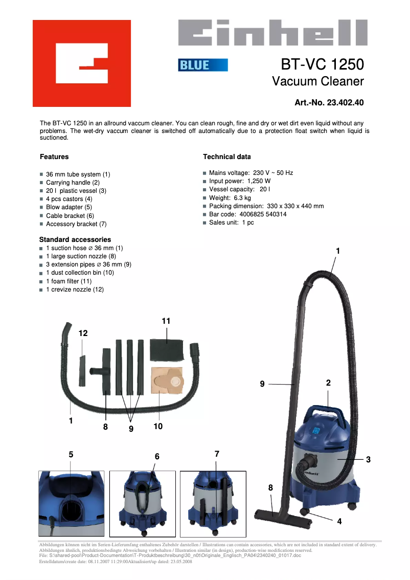Page n°1 - Manuel utilisateur Einhell BT-VC 1250