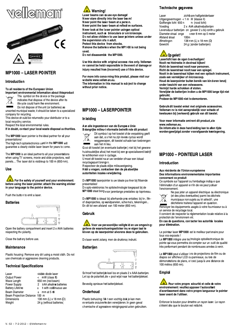 Page 1 de la notice Manuel utilisateur Velleman MP1000