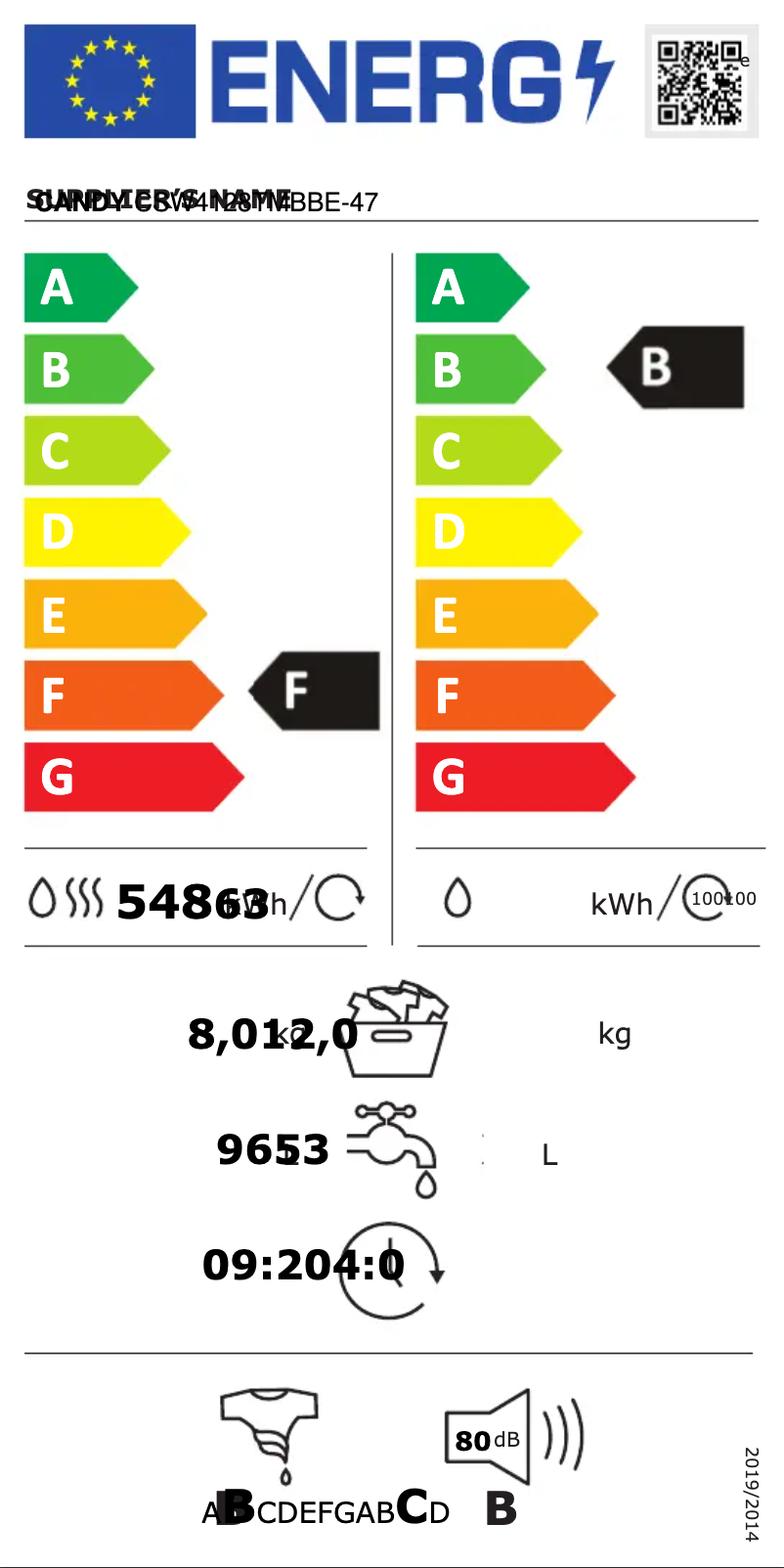 Page 1 de la notice Label énergétique Candy CSW4128TMBBE-47