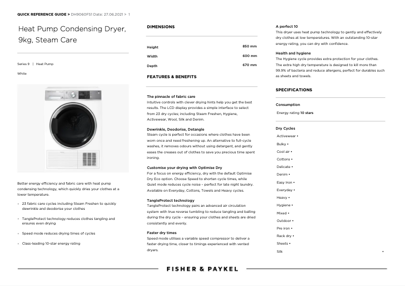 Page 1 de la notice Fiche technique Fisher & Paykel DH9060FS1
