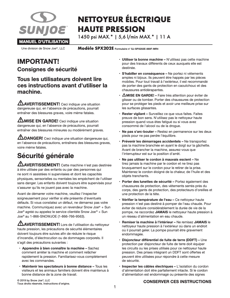 Page n°1 - Manuel utilisateur Sun Joe SPX202E