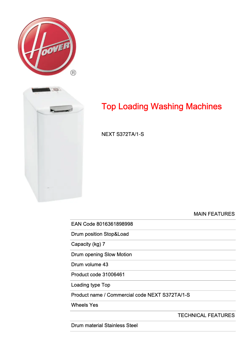 Page 1 de la notice Fiche technique Hoover NEXT S372TA/1-S