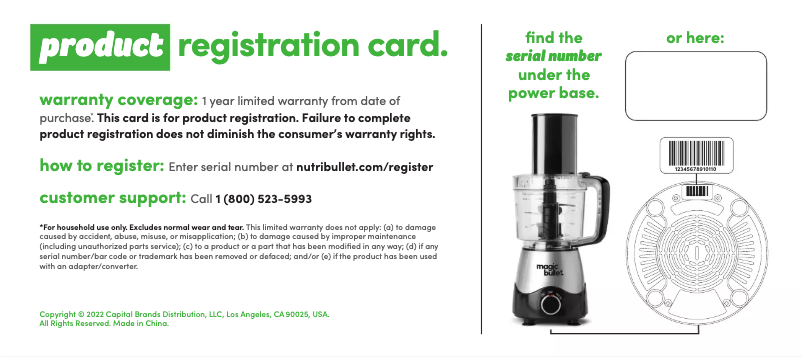 Page 1 de la notice Informations de garantie Magic Bullet Kitchen Express