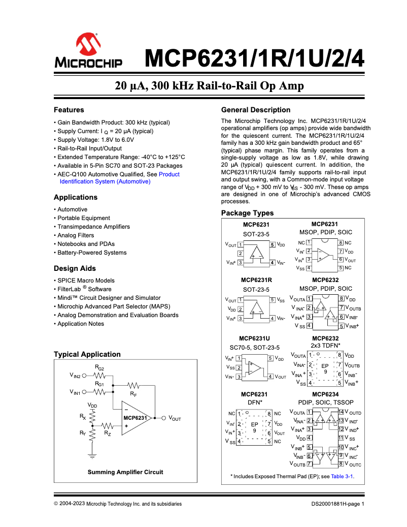 Page 1 de la notice Fiche technique Microchip MCP6231R