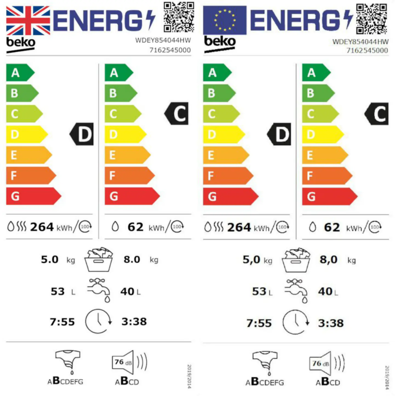 Page 1 de la notice Label énergétique Beko WDEY854044H