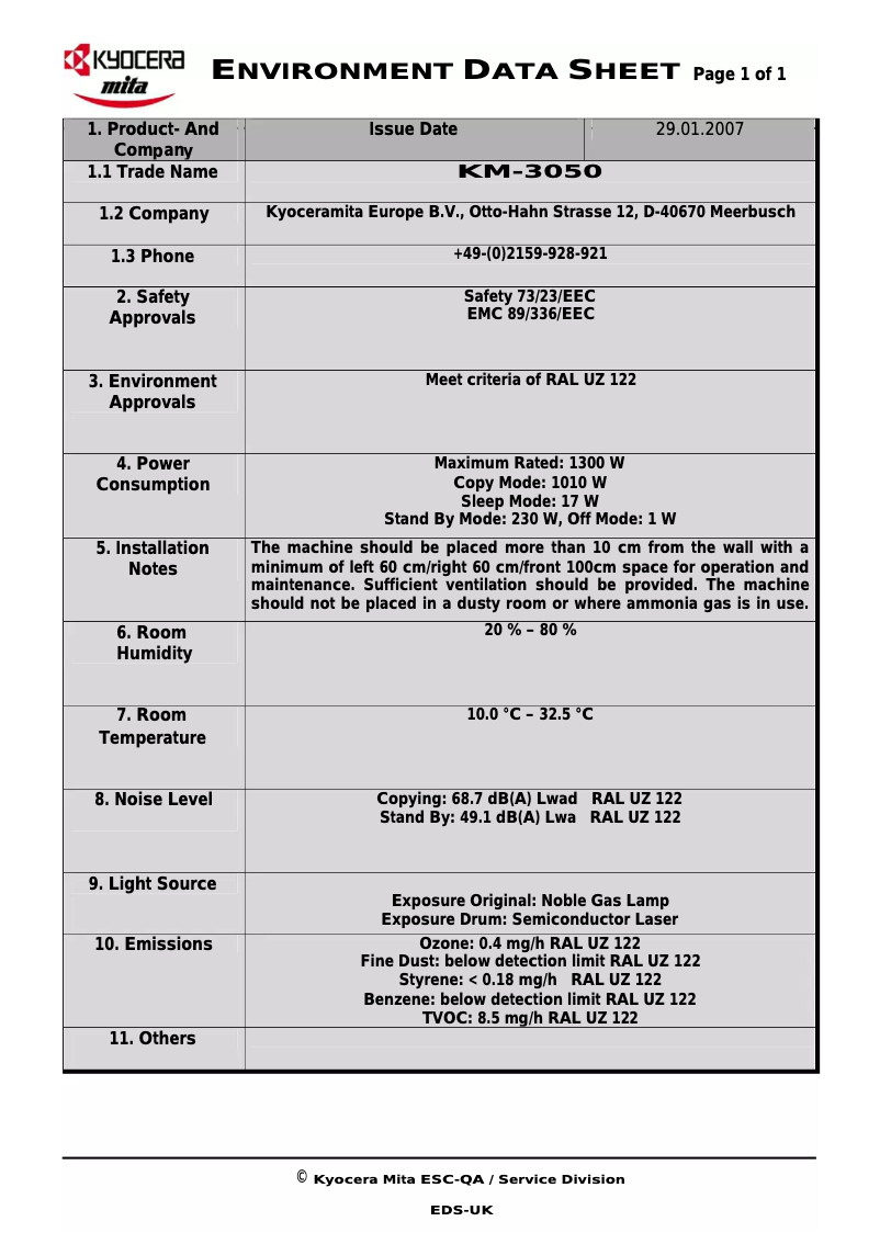 Page 1 de la notice Fiche technique Kyocera KM-3050