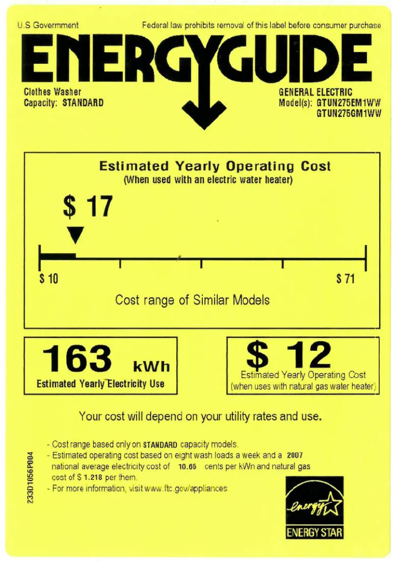 Page 1 of the manual Energy Label GE Unitized Spacemaker GTUN275EMWW