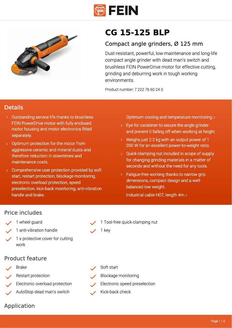 Page n°1 - Fiche technique Fein CG 15-125 BLP