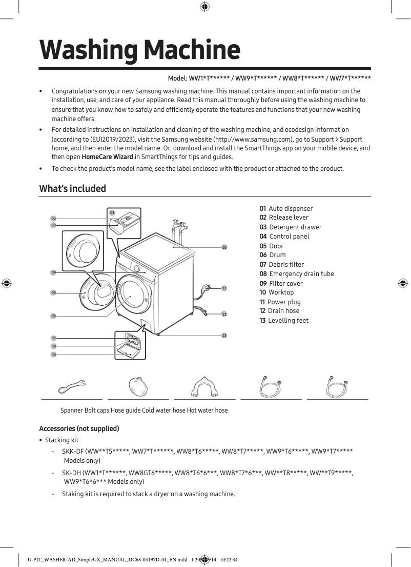 Page n°1 - Guide de démarrage rapide Samsung WW90T986ASH