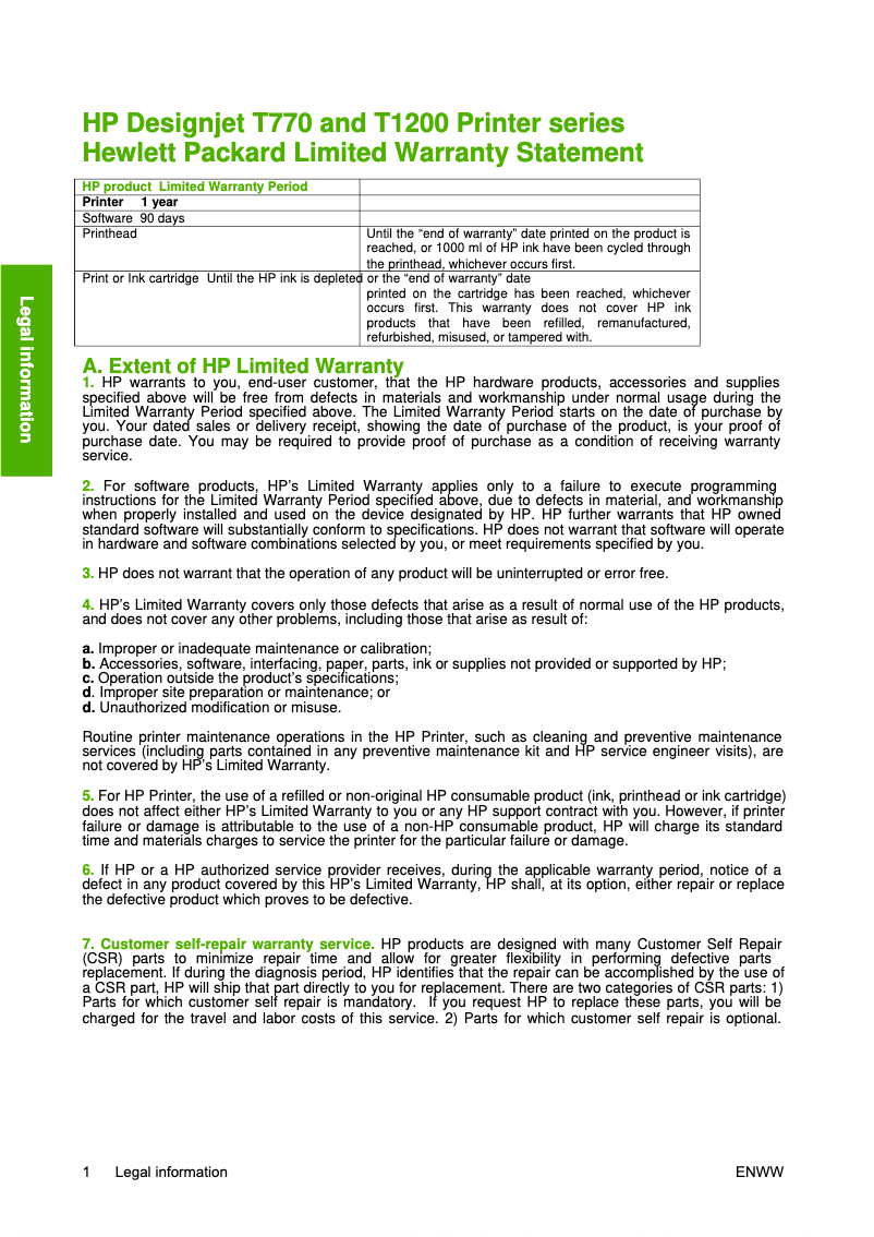 Page 1 de la notice Informations de garantie HP DesignJet T770