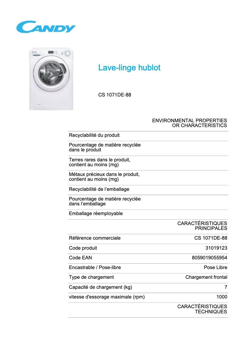 Page 1 de la notice Fiche technique Candy CS 1071DE-88