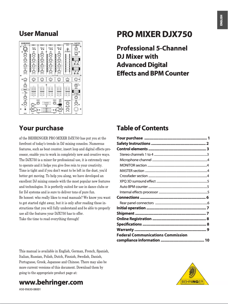 Image de la première page du manuel de l'appareil Pro Mixer DJX750