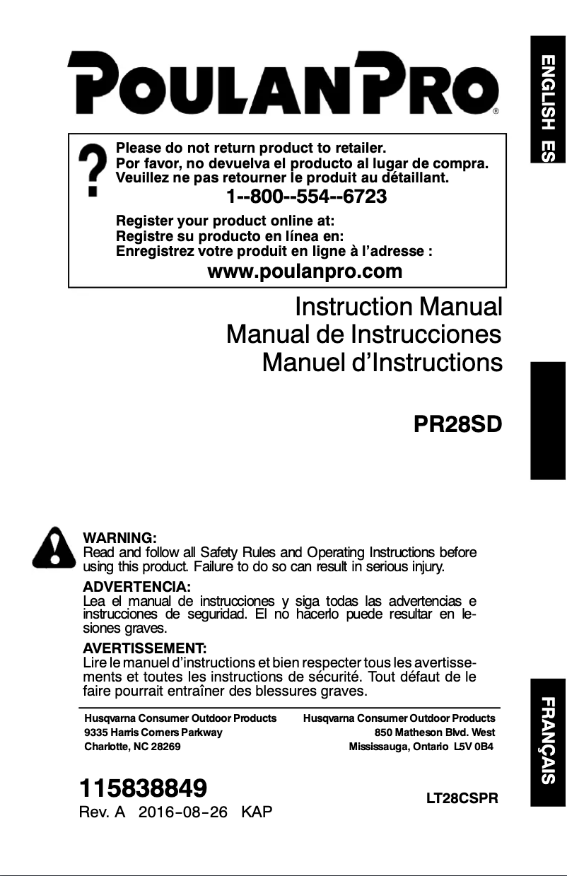 Page 1 de la notice Manuel utilisateur Poulan PR28SD