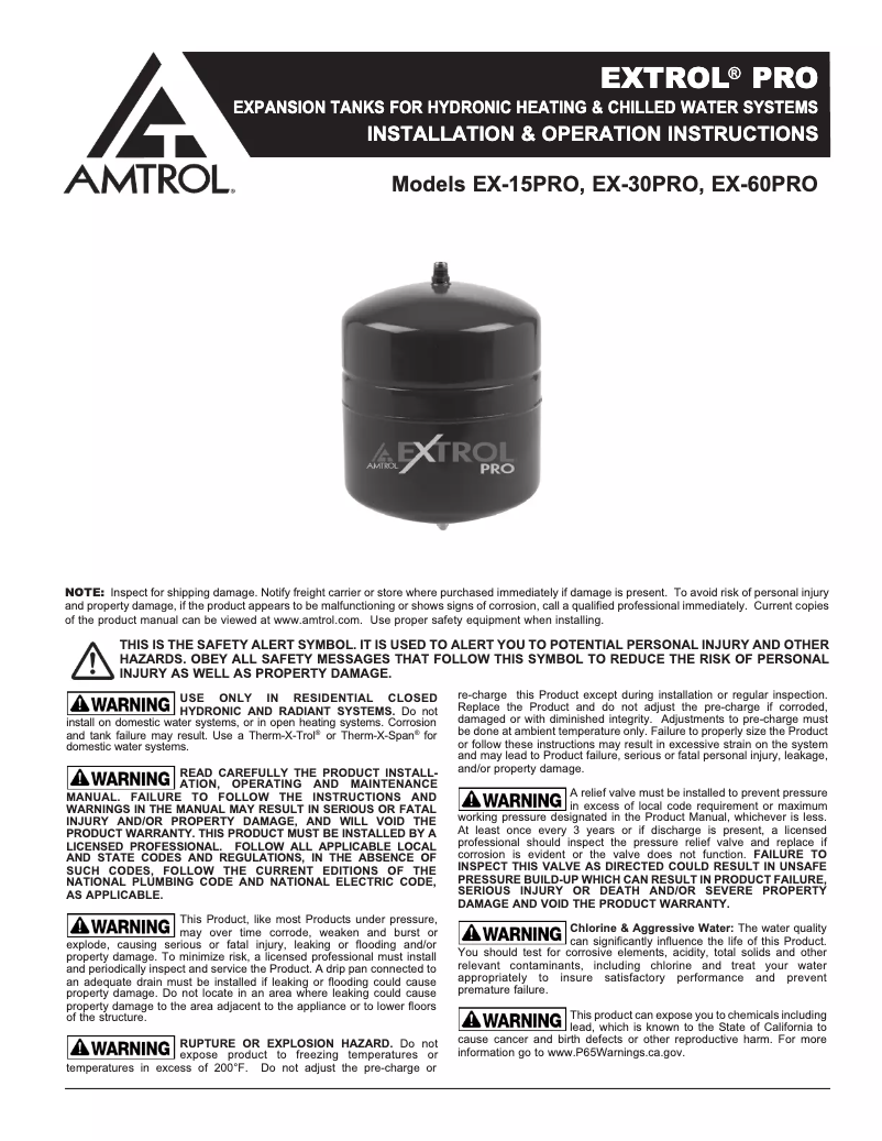 Page n°1 - Manuel utilisateur Amtrol Extrol Pro EX-15PRO