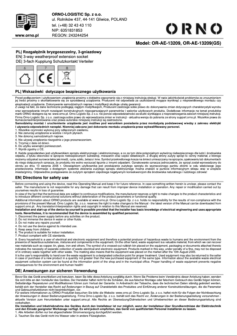 Image de la première page du manuel de l'appareil OR-AE-13209