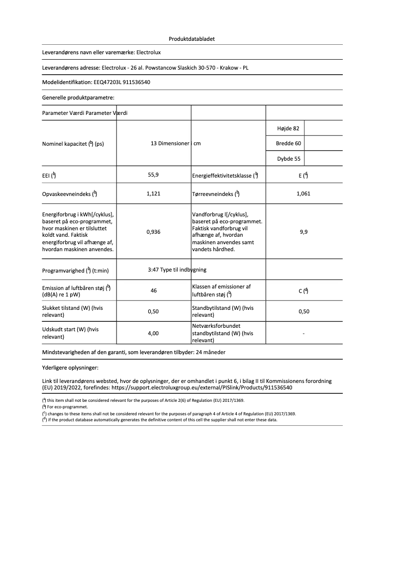Page n°1 - Fiche technique Electrolux EEQ47203L