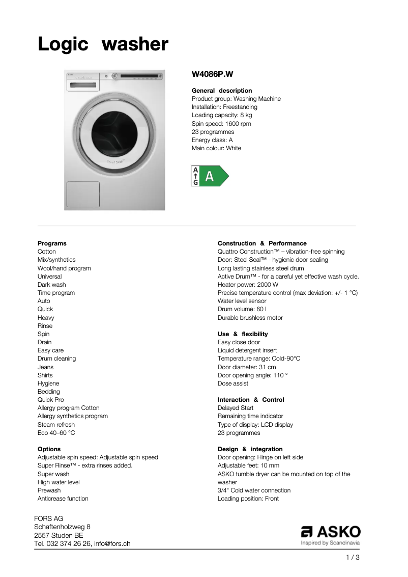 Page n°1 - Fiche technique Asko W4086P