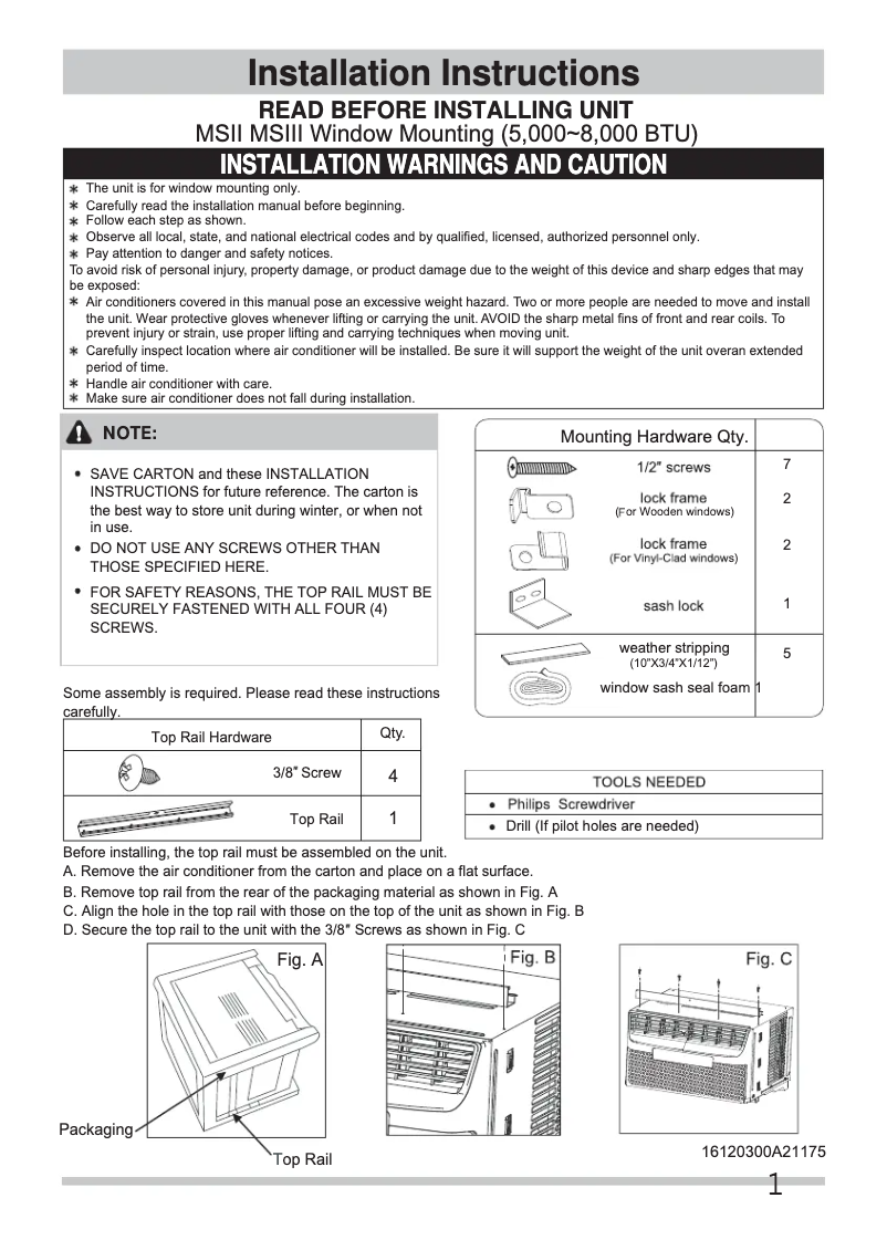 Page n°1 - Guide d'installation Frigidaire GHWW083WB1