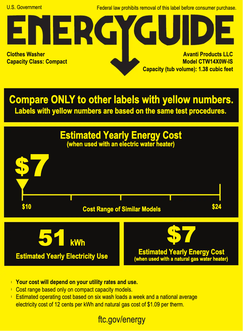Page 1 de la notice Label énergétique Avanti CTW14X0W-IS
